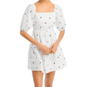 Rails Selene Dress in Navy Embroidered Daisies Puff Sleeve Cut-Out Back Sz. Med.